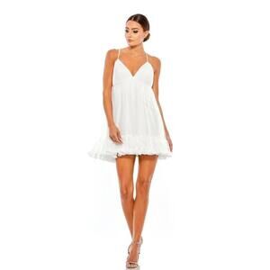 Mac Duggal White V-Neck Ruffle-Hem Mini Dress